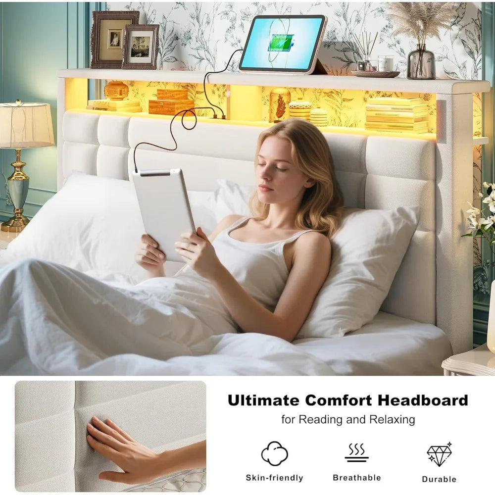 King Size Bed Frame with Charging Station and LED Lights, King Bed Frame with 2-Tier Storage Headboard, Metal Slats