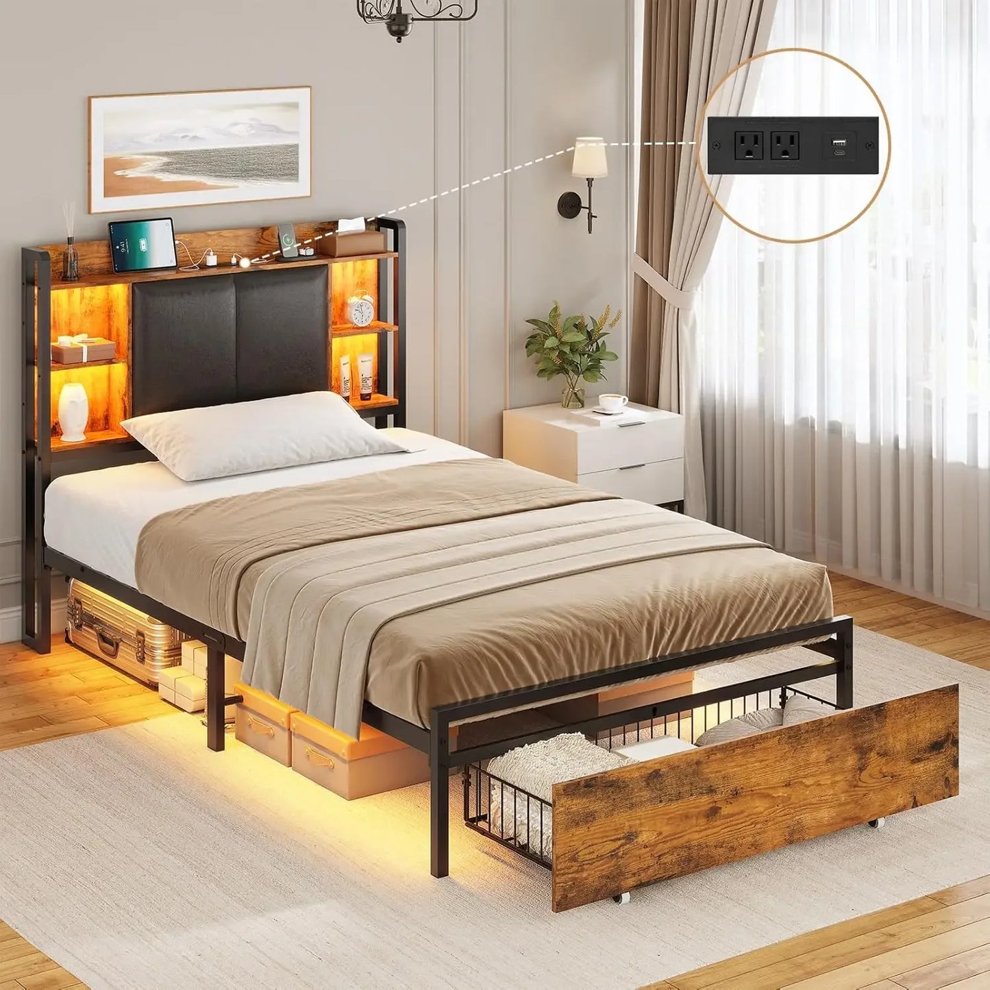 Twin Bed Frames with Headboard and 2 Storage Drawers, Twin Bed Frame with Charging Station and Led Lights