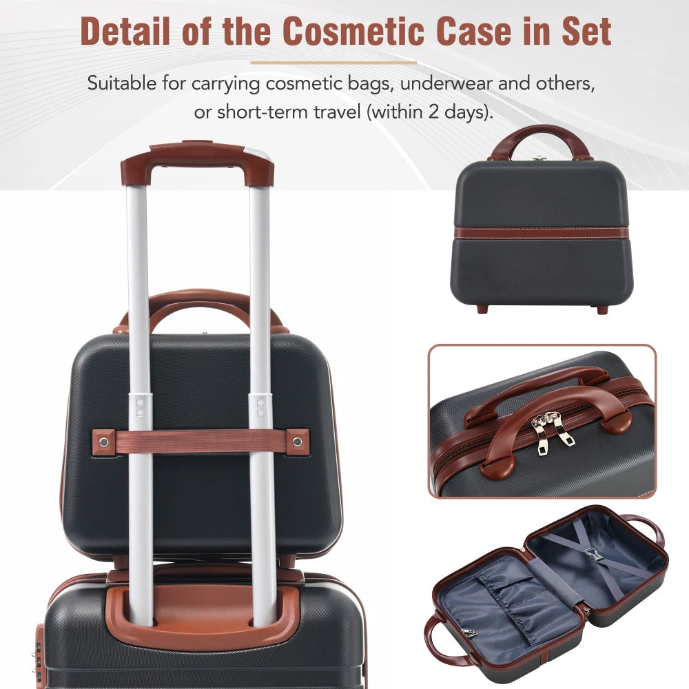 20 IN Hardside Luggage with Cosmetic Case 2 Piece Lightweight Suitcase Set with Spinner Wheels Carry on Vintage Luggage Black