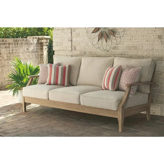 Outdoor Sofa,Clare View Coastal Outdoor Patio Eucalyptus Sofa with Cushions, Beige35"D X 81"W X 37"H,Outdoor Sofa