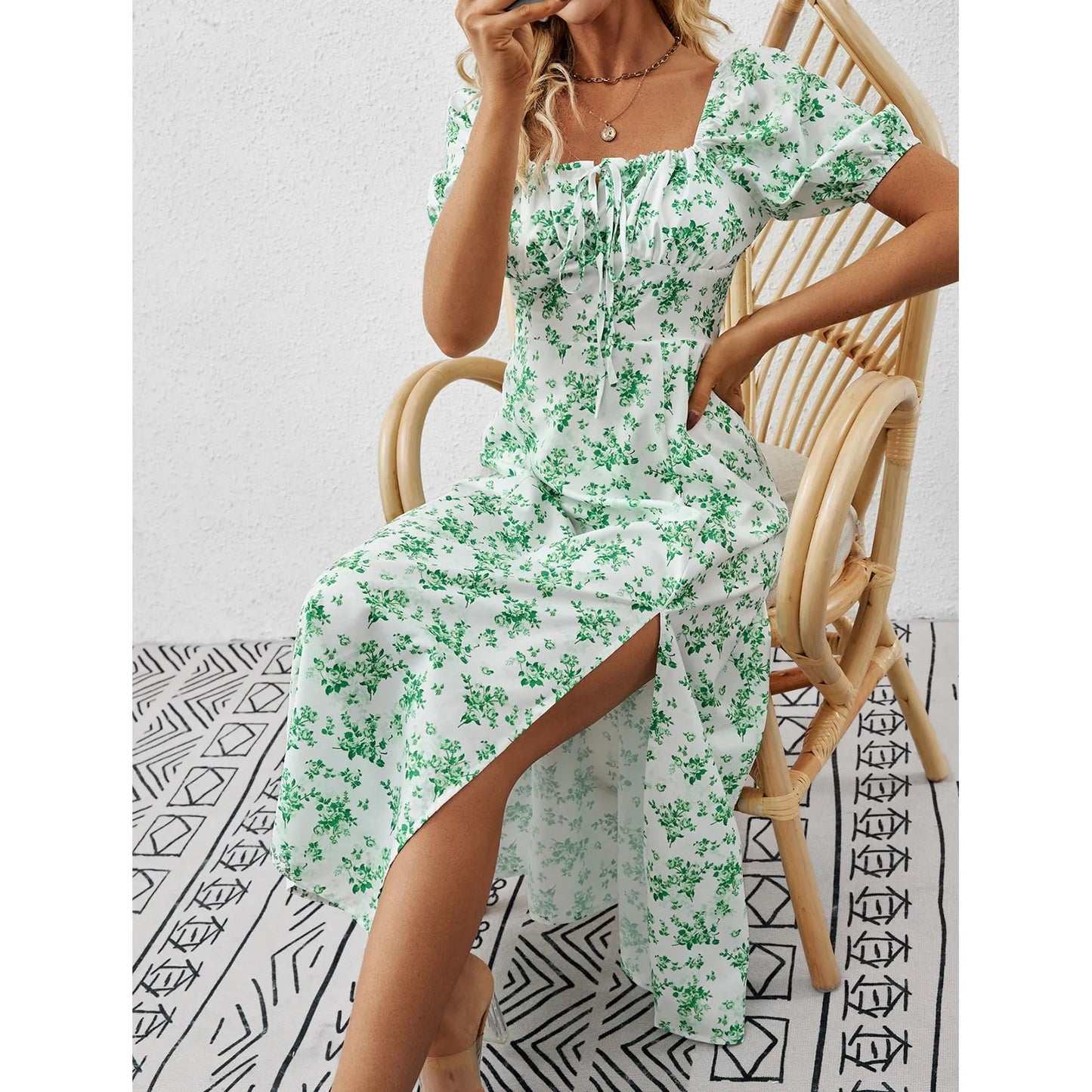 Women'S Summer New Dress Fashionable Solid Color High Waist Dress Floral Printed Short Bubble Sleeve Square Neck Dresses