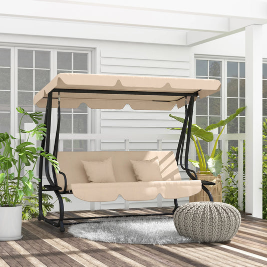 Outsunny 2-in-1 Garden Swing Seat Bed, 3 Seater Convertible Swing Chair Bench with Tilting Canopy, Cushioned Seat and 2 Pillows