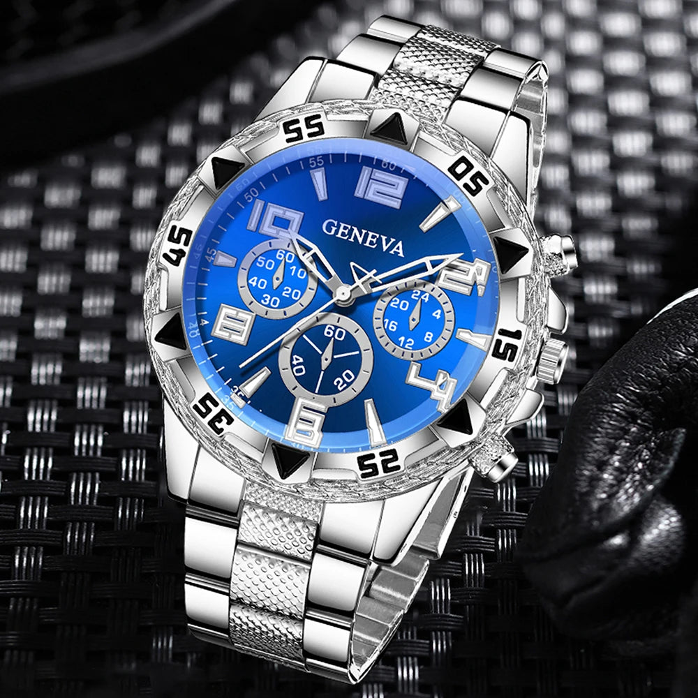 3PCS Luxury Men's Watch Set Fashion Trend Classic Quartz Watch Bracelet Necklace Set for Daily Clothing Matching or Holiday Gift