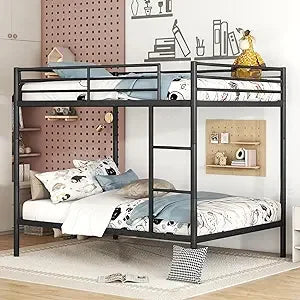 Twin Over Twin Bunk Bed Frame with Trundle,Metal Bunk Bed Bedframe with Guard Rail and 2 Ladders for Adults,Can be Divided into