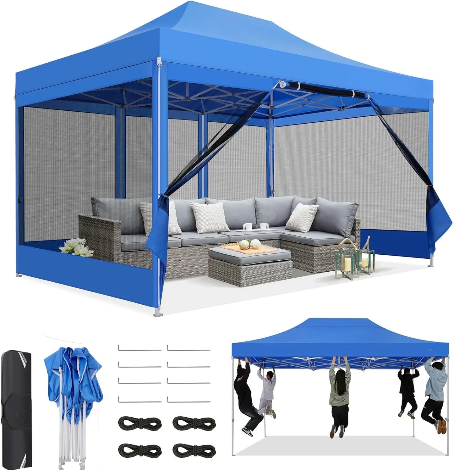 Canopy Tent 10x15 Heavy-Duty, Pop-Up Gazebo with Mosquito Netting, Waterproof Canopy with Sidewalls, Party Tent with Carry Bag