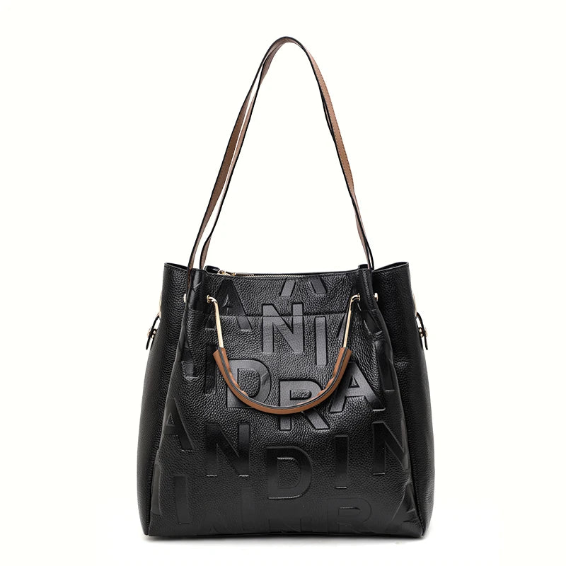 High end black women's handbag with large capacity made of high-quality cowhide and printed with letters