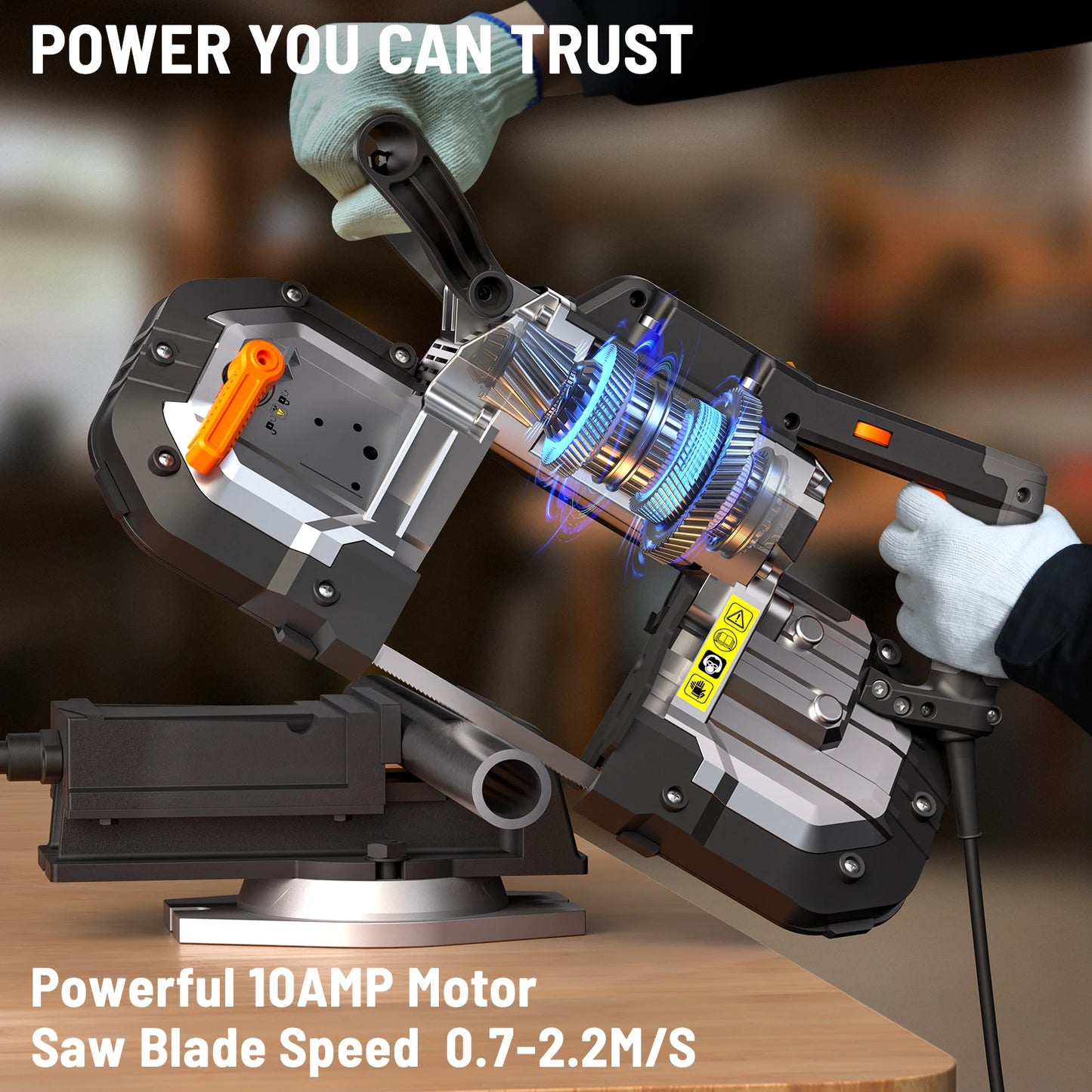 DOVAMAN Portable Band Saw, 10A Corded Handheld, 5" Cut Capacity, 6-Speed, 0°–45° Adjustable, Wood & Metal, 2 Blades