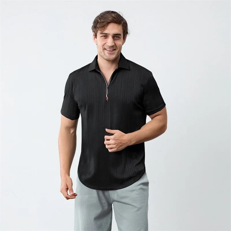 Men s Short Sleeve Jacquard Turn Down Collar Zipper Casual Tops - Stylish  Fit Shirts for Summer Fashion