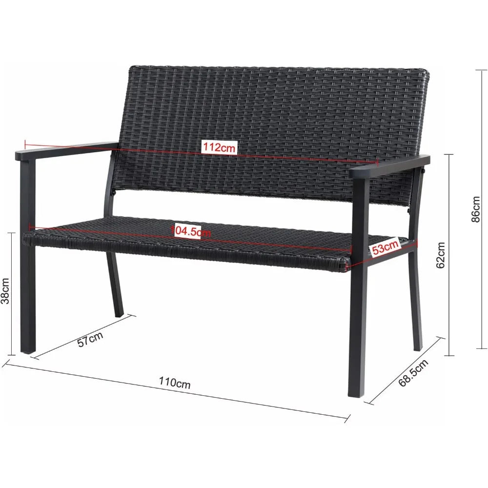 Outdoor Loveseat Bench Chair for Outside Patio Porch, Metal Frame, Black All Weather Wicker
