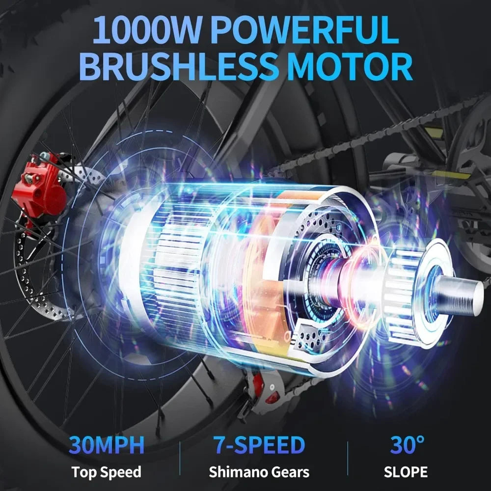 Electric Bike, 1000W,48V, 20AH,40AH Battery, Max 50-180 Miles Electric Motorcycle, 20" Fat Tire Dirt Bike,7-Speed E-Bike
