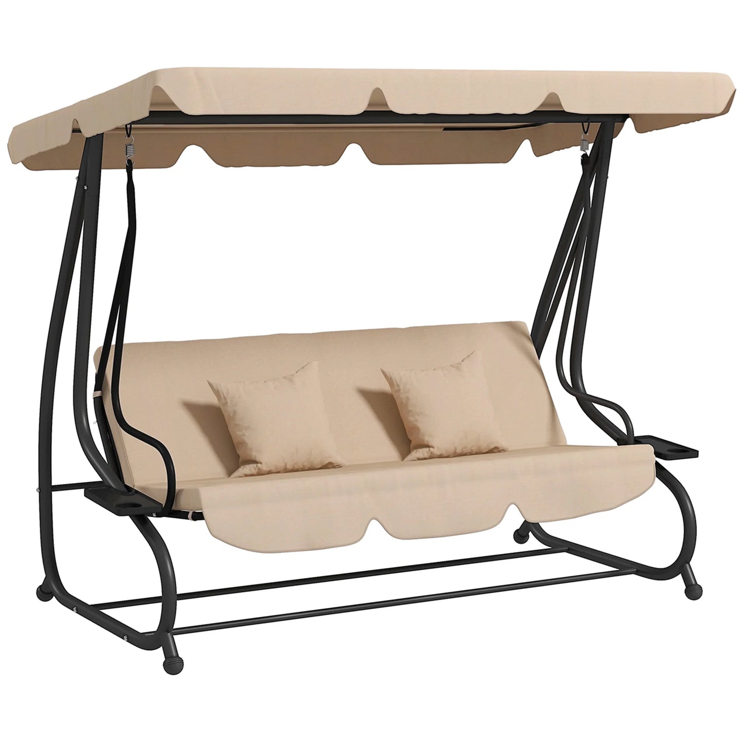 Outsunny 2-in-1 Garden Swing Seat Bed, 3 Seater Convertible Swing Chair Bench with Tilting Canopy, Cushioned Seat and 2 Pillows