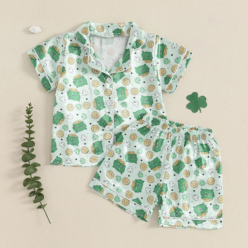 2Pcs Boys Cotton Pajamas Set Summer Sleeveless Dinosaur Print Button Down Shirts and Shorts Set Sleepwear for Kids