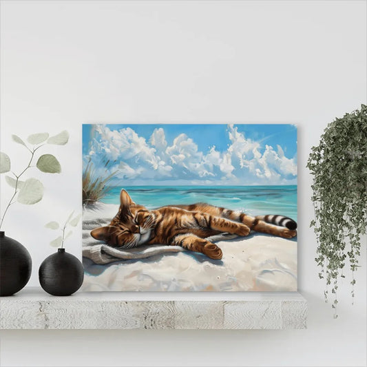 A coastal cat canvas wall art, print of a cat napping on the beach, wood-framed Marine theme decor, 11.8x15.7 inches