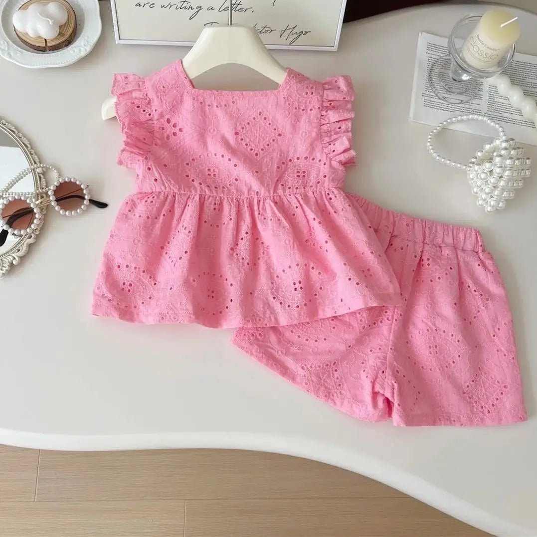 Children's Clothing Sets Fly Sleeve Lace Top + Shorts 2pcs Sets Baby Girl Clothes Kids Clothes Girls Kids Boutique Clothes