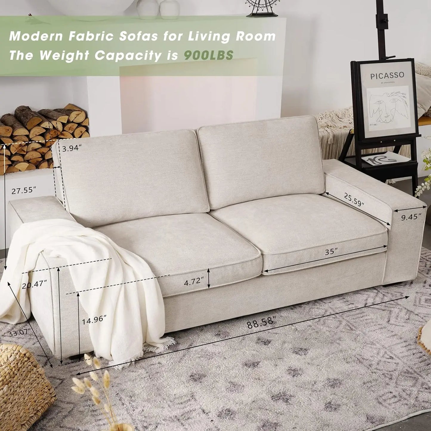88.58" Modern Sofas Couches for Living Room, Chenille Sofas & couches with Square Armrest, Removable Low-Back Sofa Cushion and