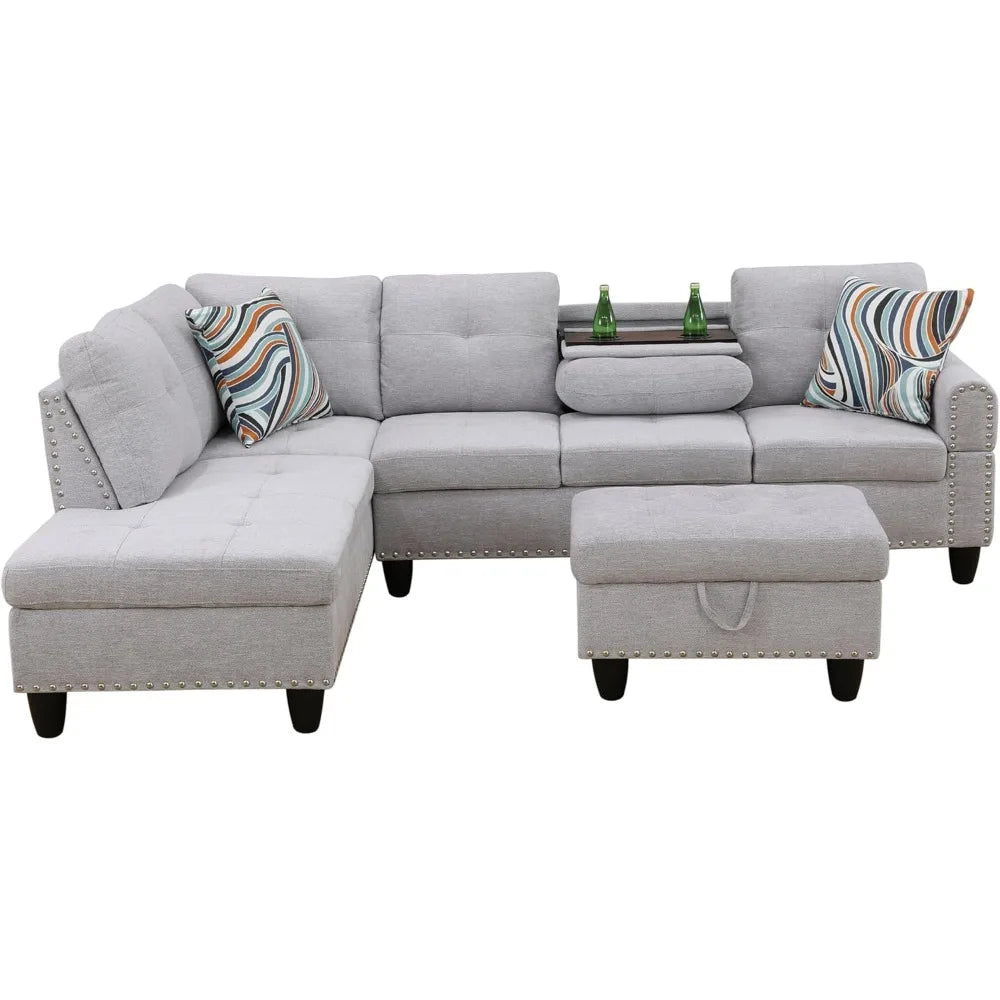 Linen 3-Piece Sofa Living Room Sofa Set with Storage Ottoman & Decorative Copper Nails,Reversible Coffee Table，Cup-Holder,Grey