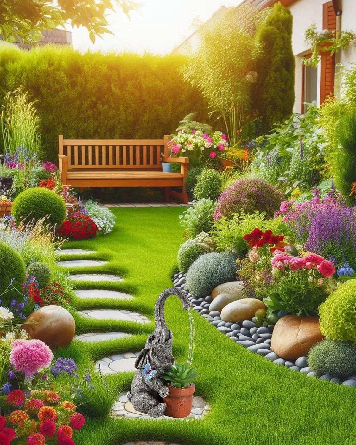 Solar-Powered Resin Elephant Garden Statue with Water Fountain & Light - Durable Outdoor Patio Decor