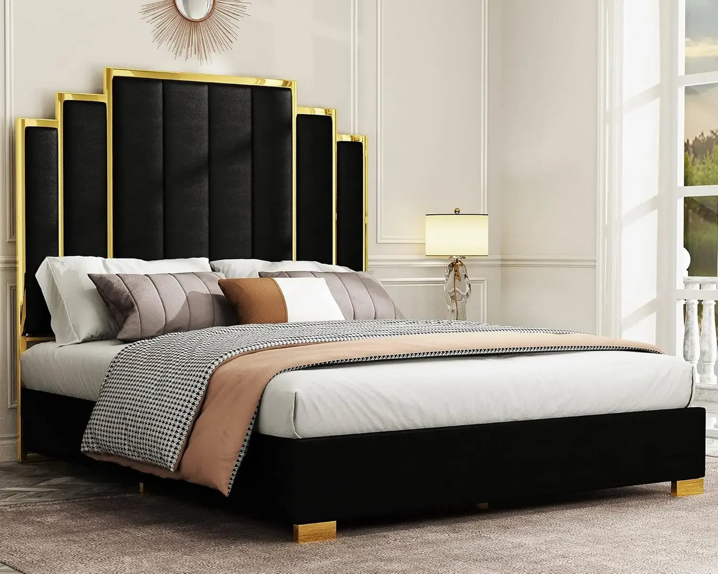 Queen Size Platform Bed Frame, 61.4" Velvet Upholstered Bed with Gold Trim Headboard/Wooden Slats/No Box Spring Needed
