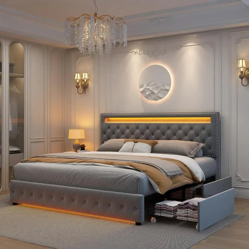 LED Queen size Bed Frame with 4 Storage Drawers, Headboard Footboard, Control DIY Color, Box Spring Optional, Bed Frame