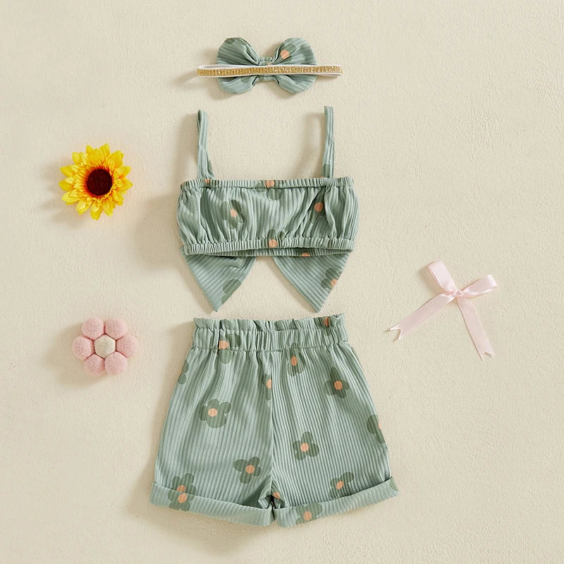 Toddler Girls 3 Piece Outfits Ruffle Sleeveless Top and Shorts Set with Headband Summer Clothes Floral Print Bow Camisole
