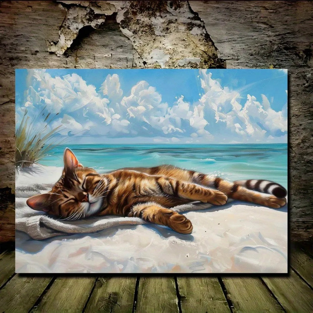 A coastal cat canvas wall art, print of a cat napping on the beach, wood-framed Marine theme decor, 11.8x15.7 inches