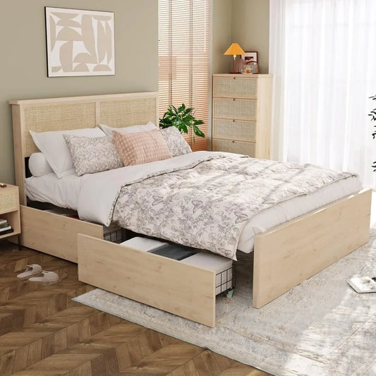 Queen Bed Frame with Natural Rattan Headboard and Wooden 4 Storage Drawers, Metal Platform with Strong Wooden Slats Suppo