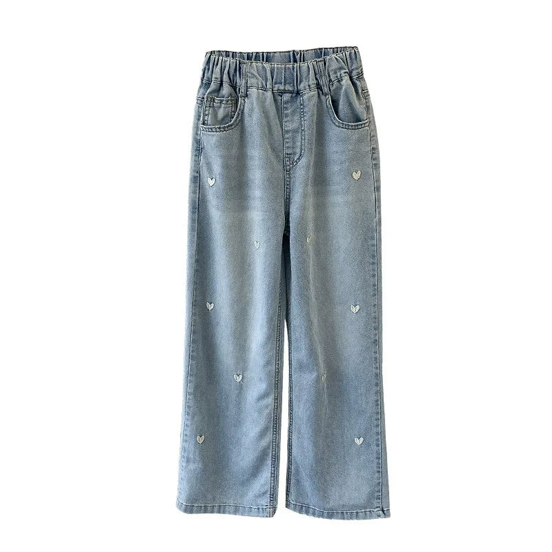 Summer Girls Middle School Fashion Loose Solid Color Small Love Jeans Casual Pants Wide Leg Pants 4-10 Years Old