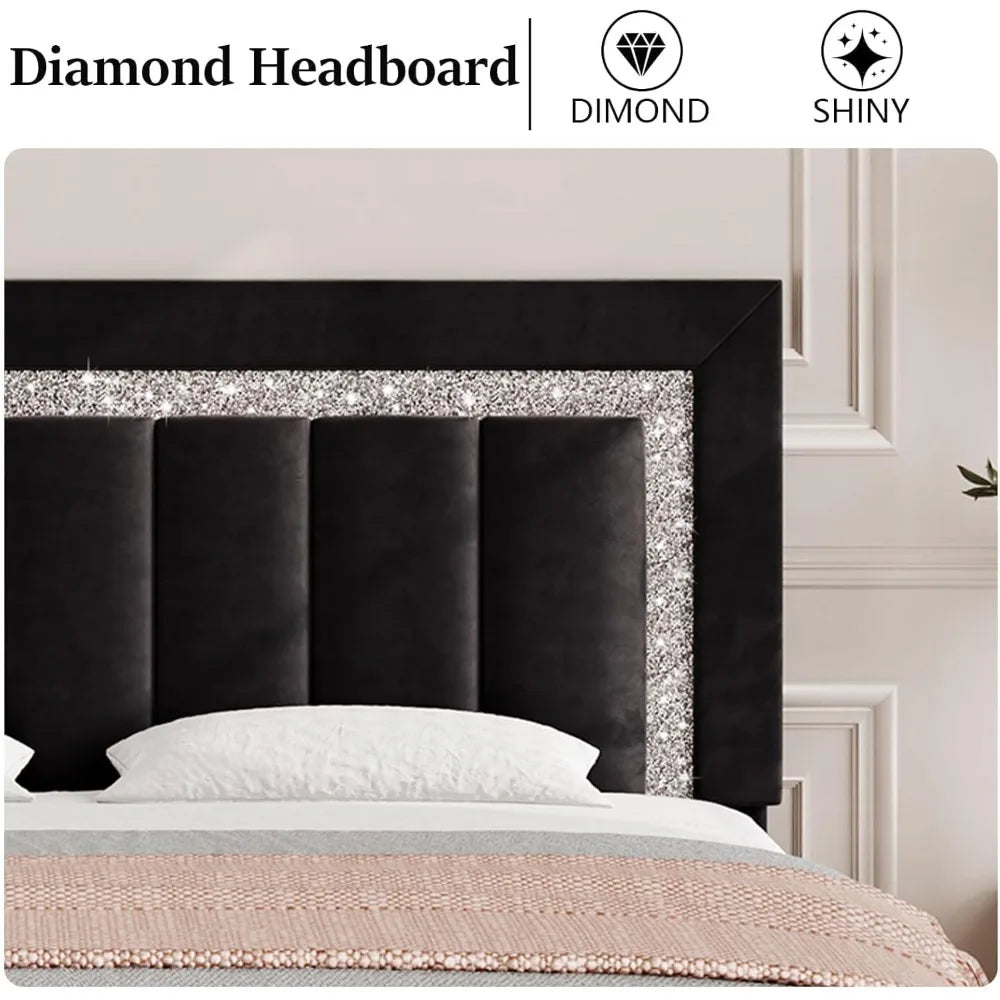 HOMBCK Full Size Bed Frame, Black Velvet Upholstered Bed Frame with Diamond Tufted Headboard and Footboard, Vertical Channel Tuf