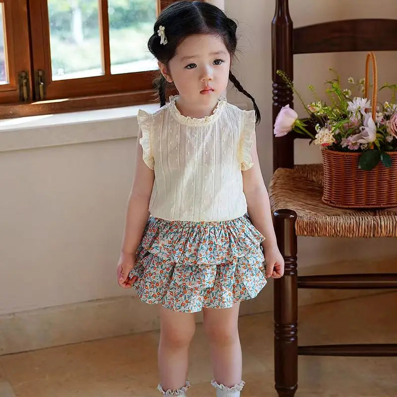 2024 New Girls' Suit Summer Children's Dress Baby Girl Fashionable Children's Top+Skirt Two-Piece Set