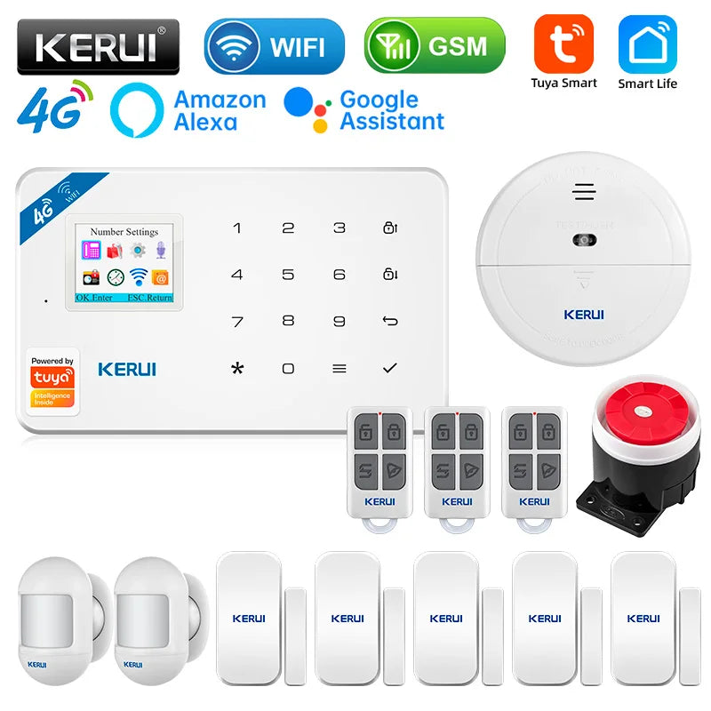 KERUI 4G/2G Smart Home Security Alarm System with Door Sensor Motion Detector Siren Tuya Smart WIFI GSM Burglar Alarm Kit