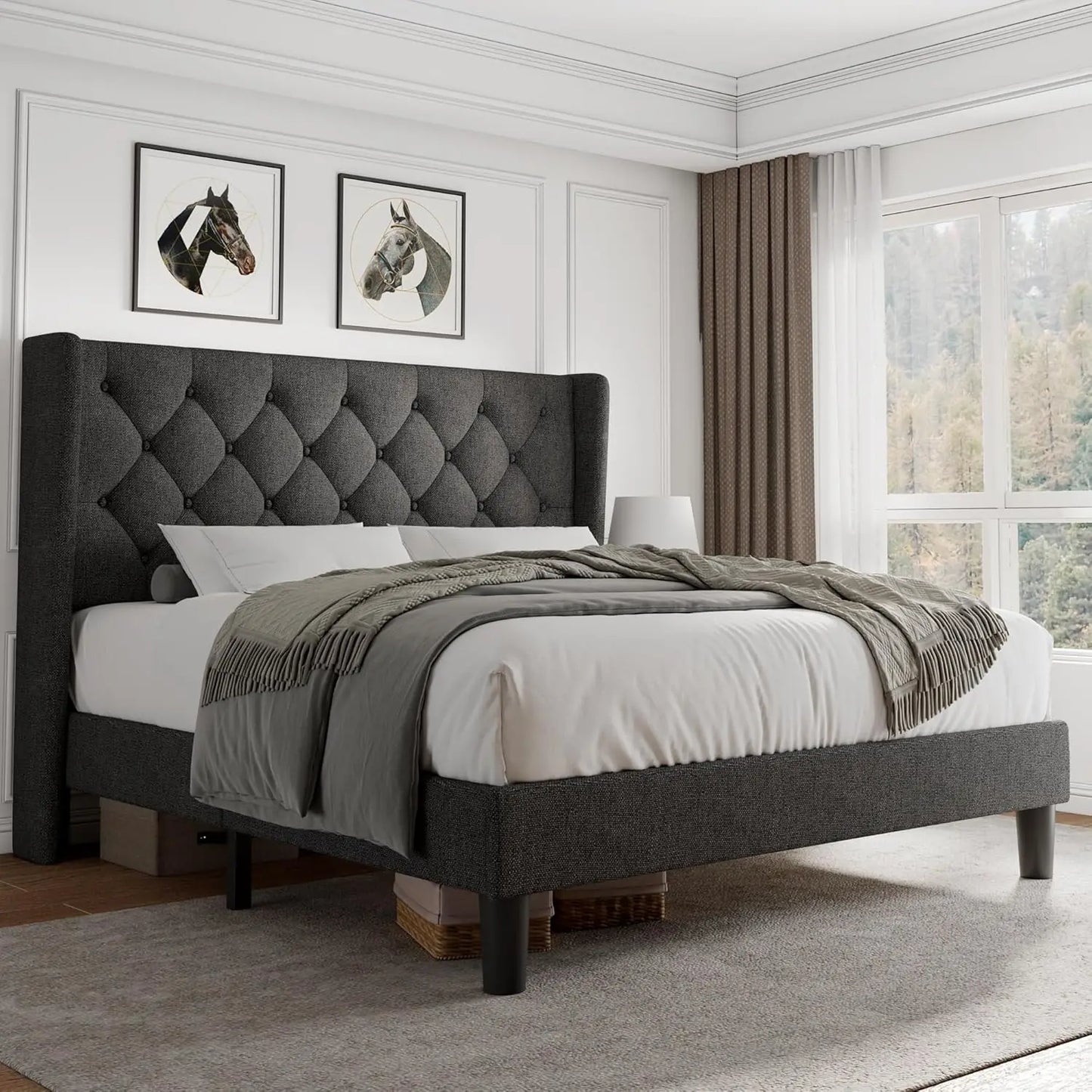 Bed Frame with Button Tufted Headboard, Upholstered Bed Frame with Solid Wooden Slats, 8" Underbed Space