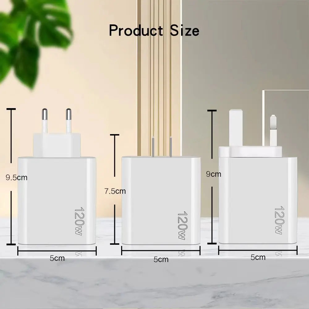 120W 5 in 1 2 USB 3 Type C Quick Charging Fast Wall Charger For iPhone Samsung Xiaomi Huawei Oppo Mobile Phone Adapter
