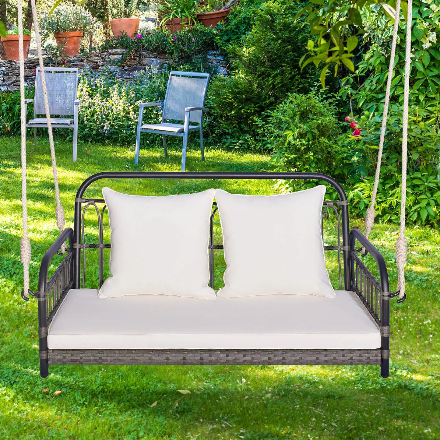 GOFLAME Hanging Swing Bench 2-Person Patio Wicker Swing Chair w/ Cushions-White