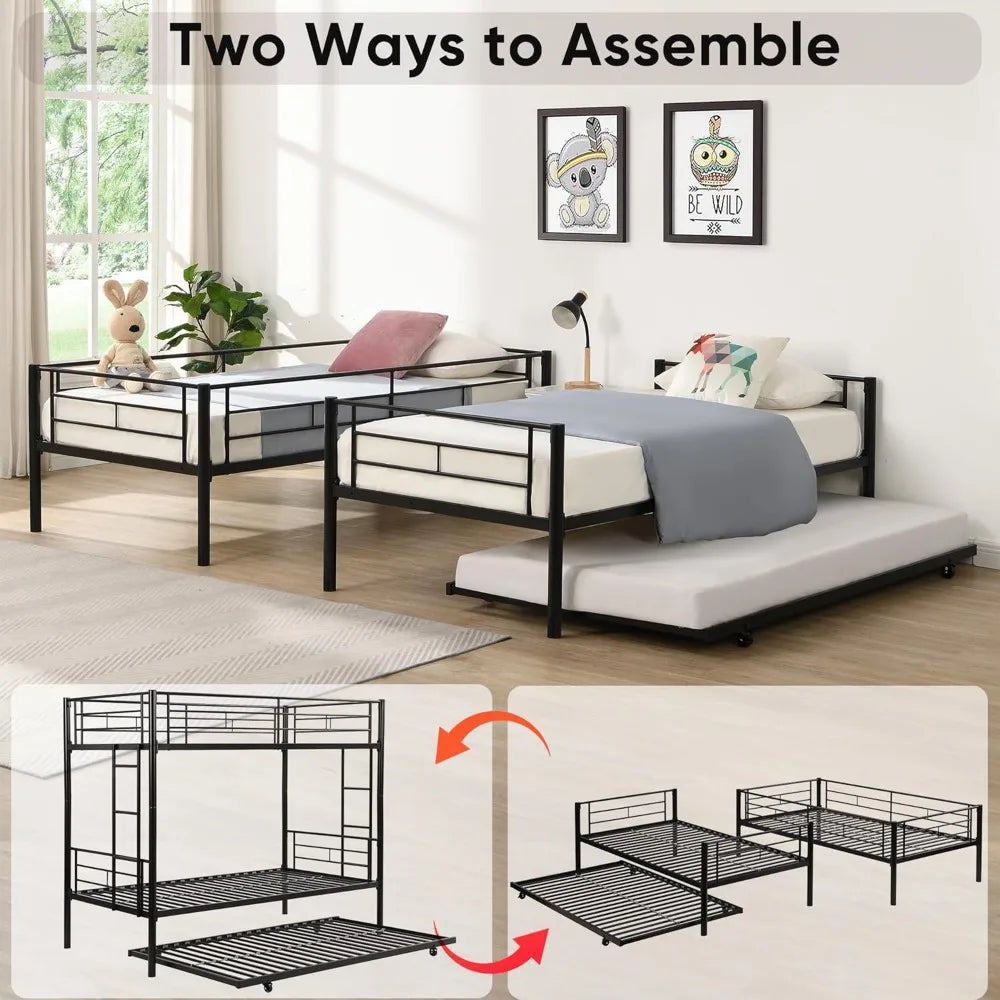 Twin Over Twin Bunk Bed Frame with Trundle,Metal Bunk Bed Bedframe with Guard Rail and 2 Ladders for Adults,Can be Divided into