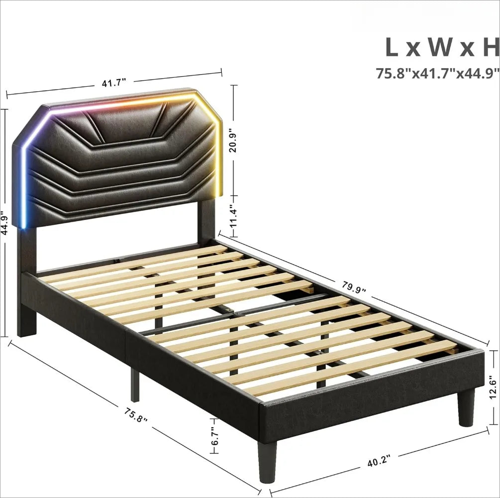 Bed Frames with Lighted Headboard,  Twin Platform Bed with Heavy Duty Supports, No Box Spring Need, Noise Free, Easy Assembly,