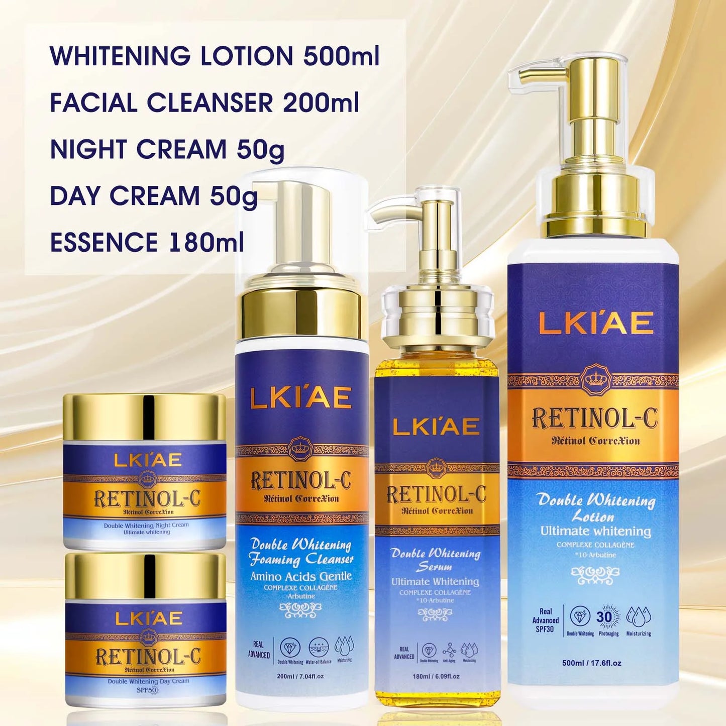 LKIAE Real Retinol Whitening Skin Care Set, Moisturizing, Reduce Wrinkles, Dark Spots, Anti-Aging, With Collagen, Snail Extract