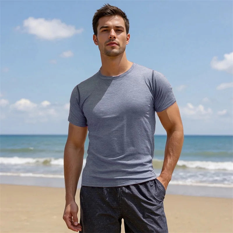 Men s Reversible Round Neck Short Sleeve T-Shirts with Stitching Detail - Casual  Fit Tops for Summer Fashion
