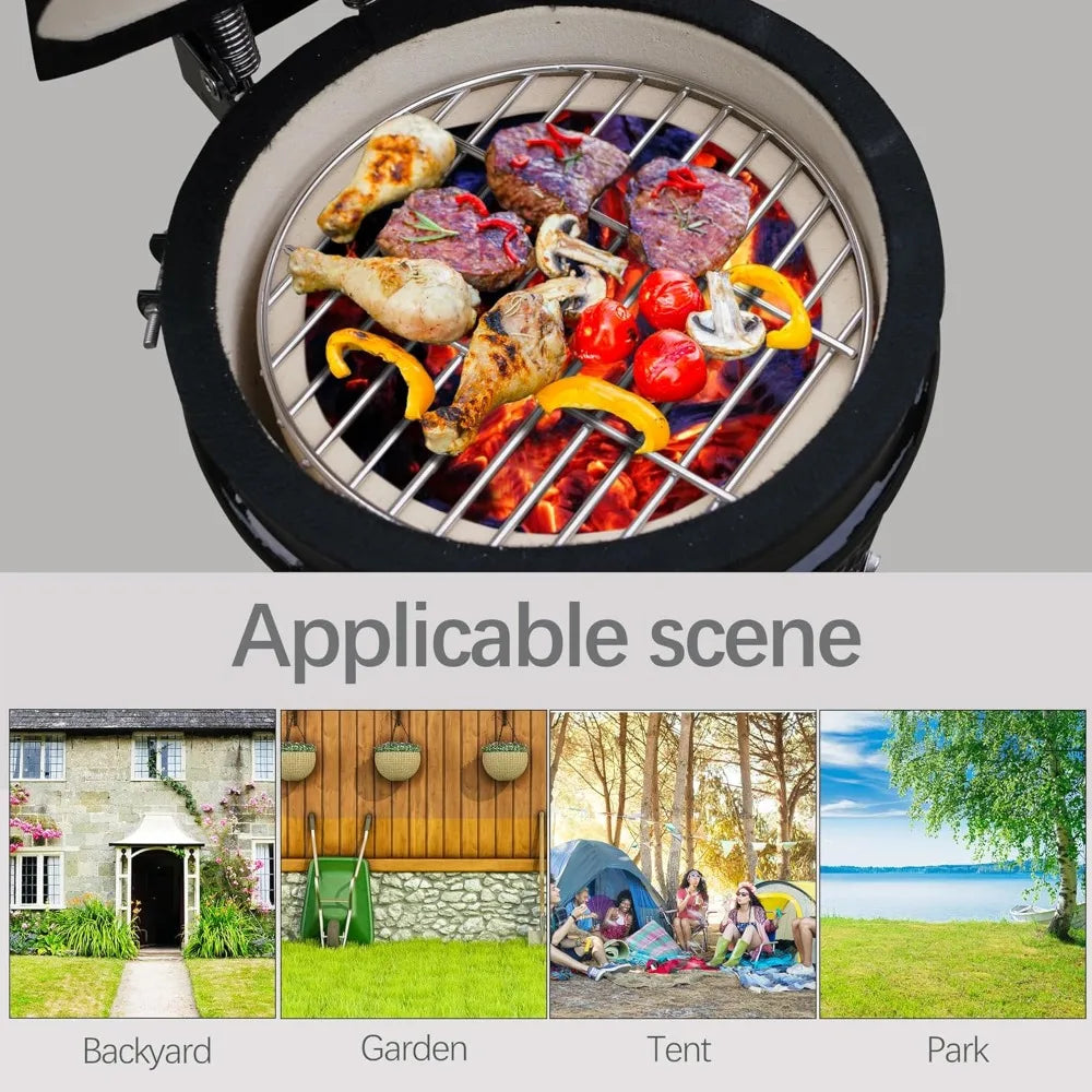3" Ceramic Mini BBQ Grill Smoker Egg Charcoal Cooking Oven, Portable Oven and Smoker with Stand (Black)