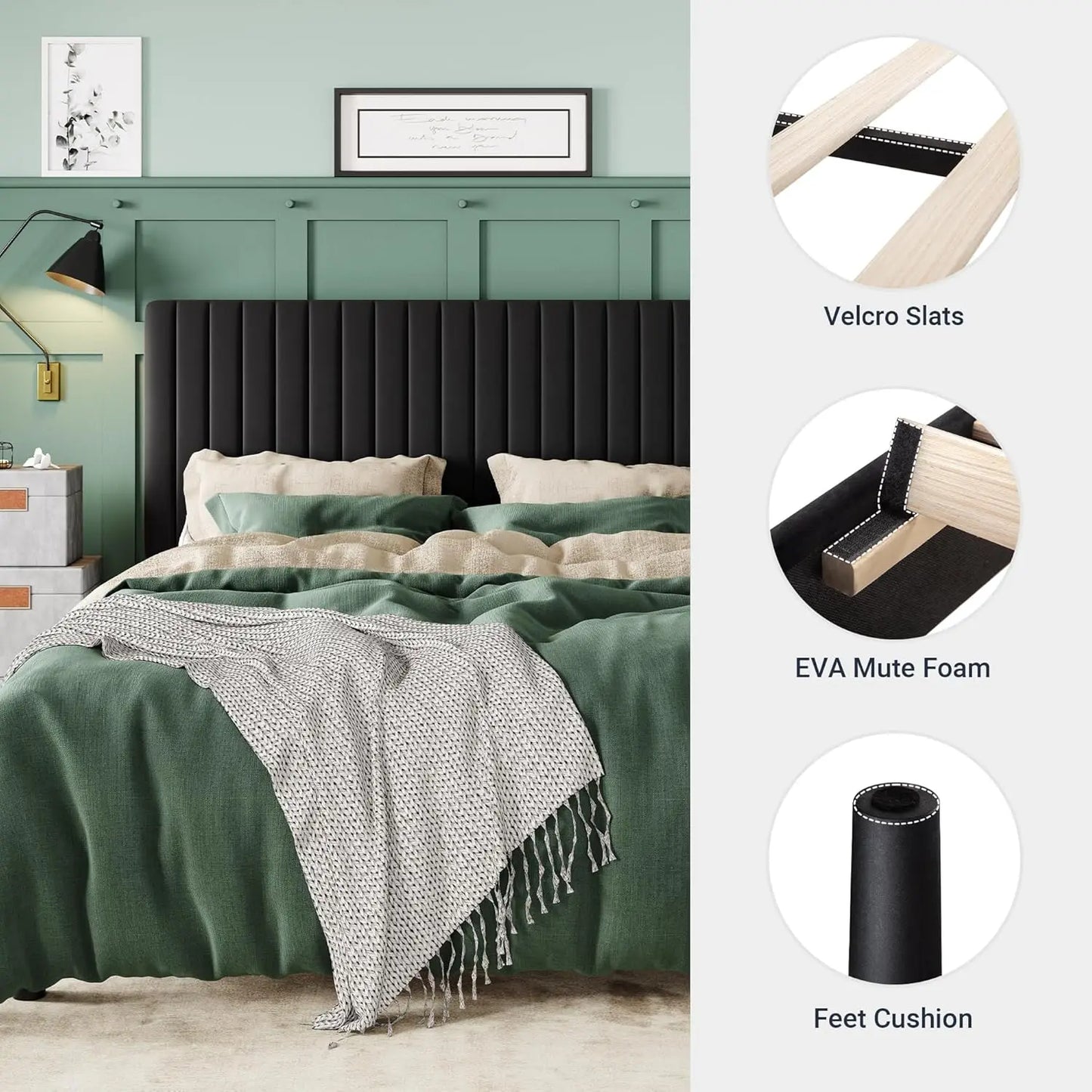 Queen Bed Frame, Velvet Upholstered Platform Bed With Vertical Channel Tufted Headboard, Mattress Foundation With Strong Wooden