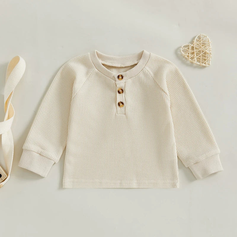 Infant Toddler Boy Autumn Outfit Solid Color Long Sleeve Waffle Knit Pullover Shirt Round Neck Casual Top for Fall