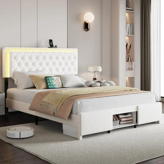 with Charged Headboard and 3 Storage Drawers,Upholstered Platform Bedframe with LED Light,Noise Free/No Box Spring Needed
