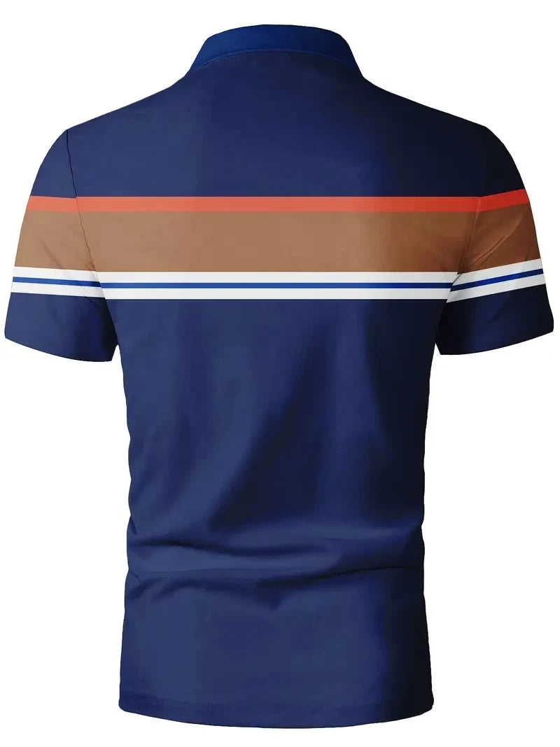 Men's Casual Striped Printed Golf Shirt - Breathable Polyester Fiber, Short Sleeve Buckle Details, Perfect Choices in Spring and