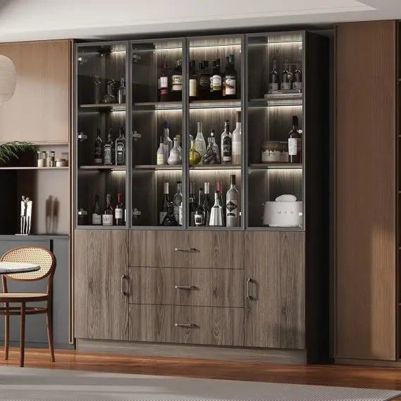 Display Cabinet with Glass Doors and Lights, Display Case Trophy Case with 3 Drawers & Storage Shelves, Pop-up Design, Glass Ca