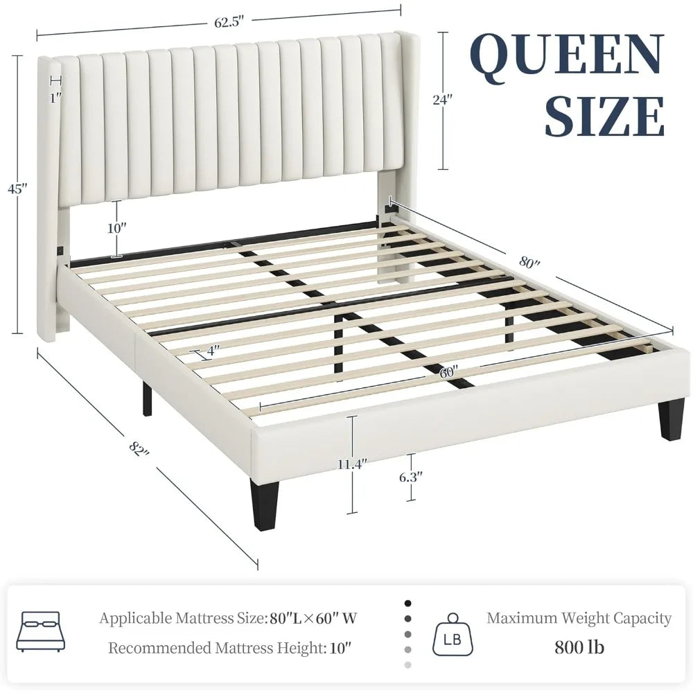 Bed Frame Upholstered Platform Bed with Fabric Headboard, Wing Edge Design/Non-Slip and Noise-Free/Wooden Slats Support