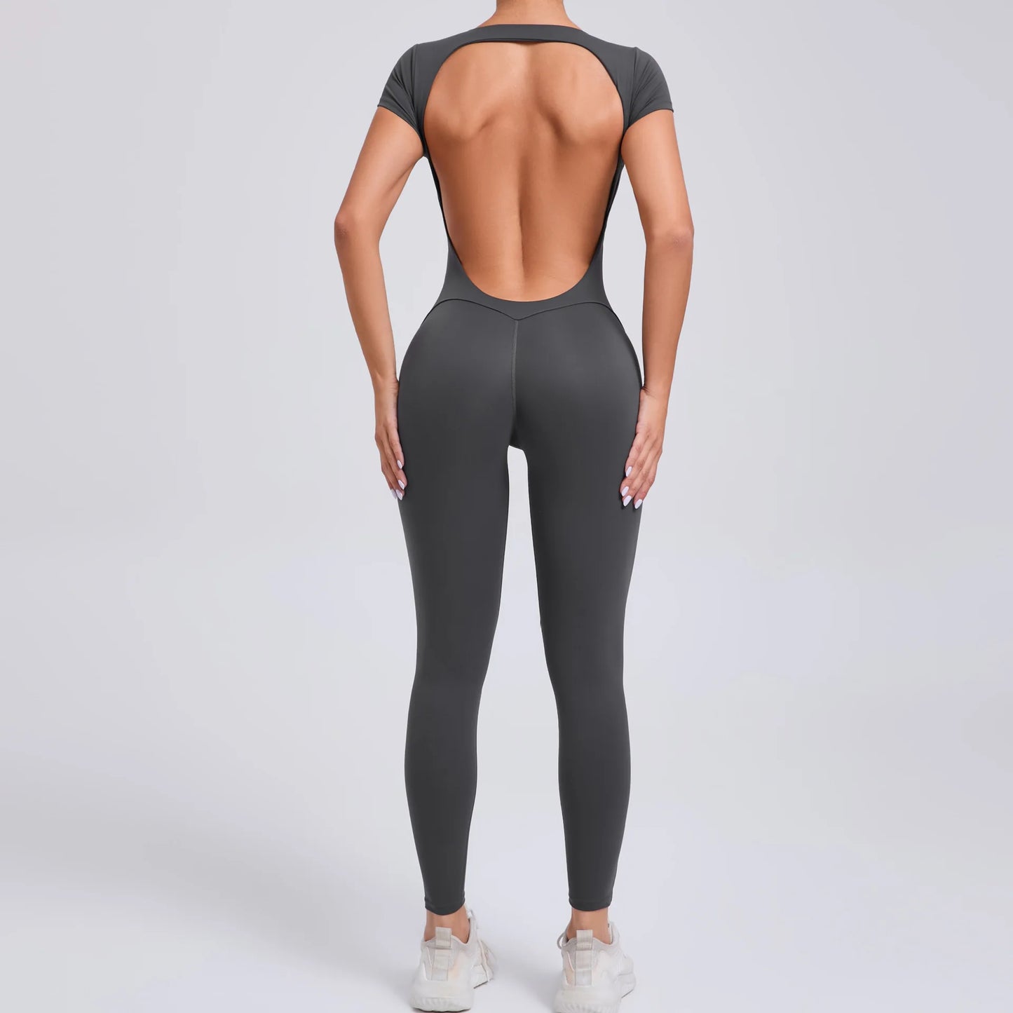 Women's One-piece Yoga Jumpsuit Short Sleeve Open Back Slim Fit Sports Outfit Tights Quick-drying Hip Lift Gym Fitness Clothes