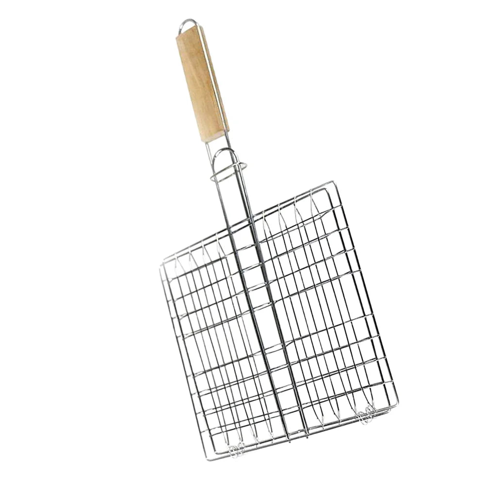 Portable Stainless Steel Grill Rack Outdoor Barbecue Fish Grilling Basket Wooden Handle Bbq Tool Camping Picnic Kitchen