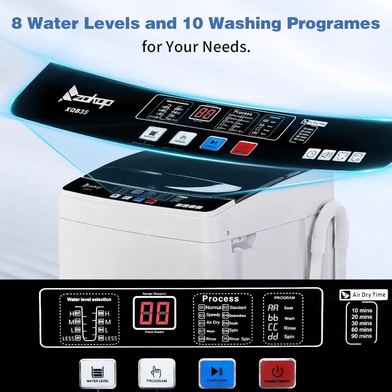 Winado Full Automatic Washing Machine, 15.6Lbs Top Load Portable Washer with Drain Pump, 10 Wash Programs 8 Water Level Washer