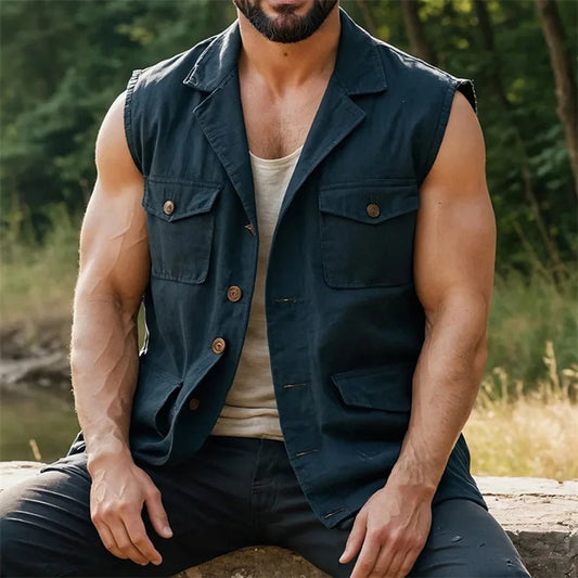 Men s Solid Color Sleeveless Button Down Tank Top with Turn Down Collar and Convenient Pockets for a Stylish Look