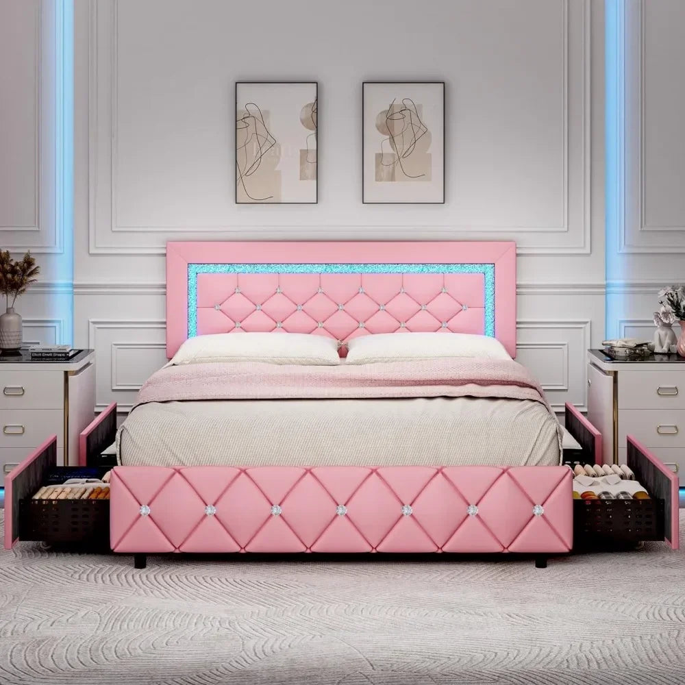 Full Size Bed Frame with LED, Storage Drawers, Princess Platform Bed with Diamond Headboard and Footboard, Upholstered Bed Frame