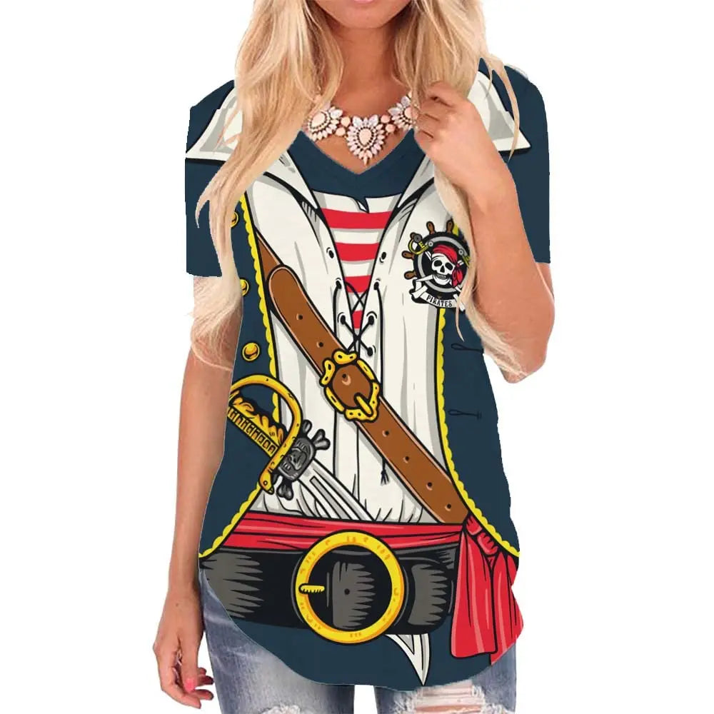 KYKU Pirate Shirt Costume Women V Neck Funny 3D Print Graphics Novelty Clothing